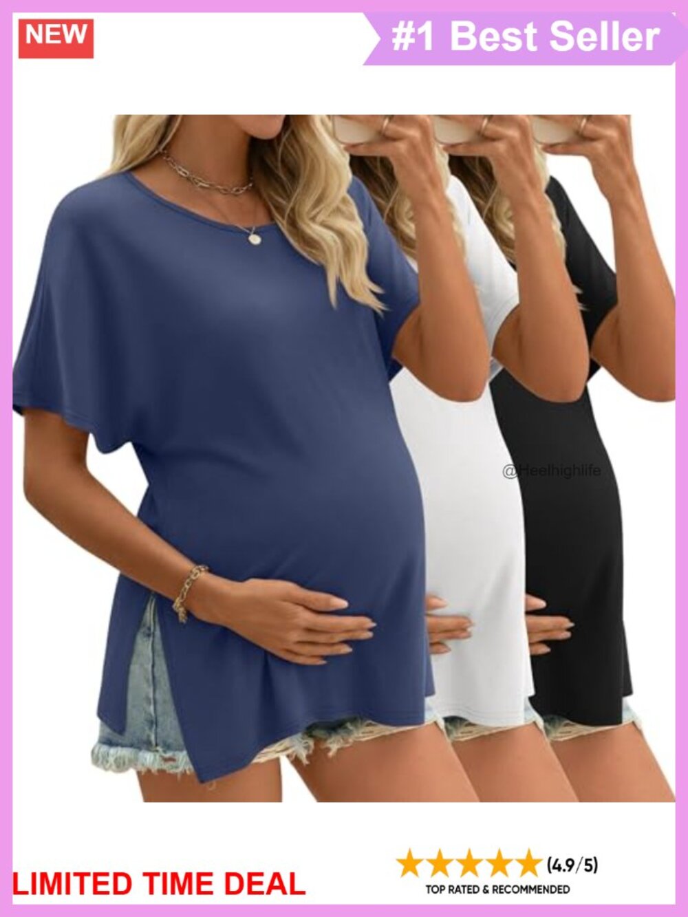 Maternity Tunic Cotton Shirts 3 Pack Split Side Dolman Sleeve Loose Fit Summer
